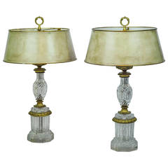 Antique Pair of French Empire Style Crystal and Bronze Table Lamps