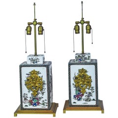Vintage Pair of Oriental Porcelain and Bronze Table Lamps