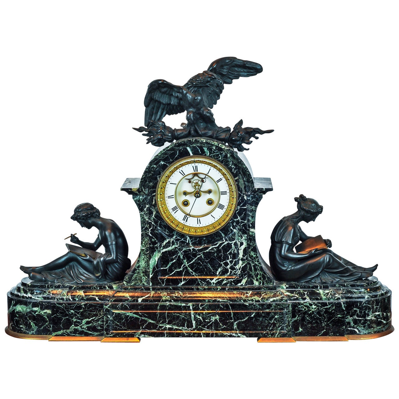 Neoclassical Patinated and Gilt Bronze and Marble Figural Mantel Clock