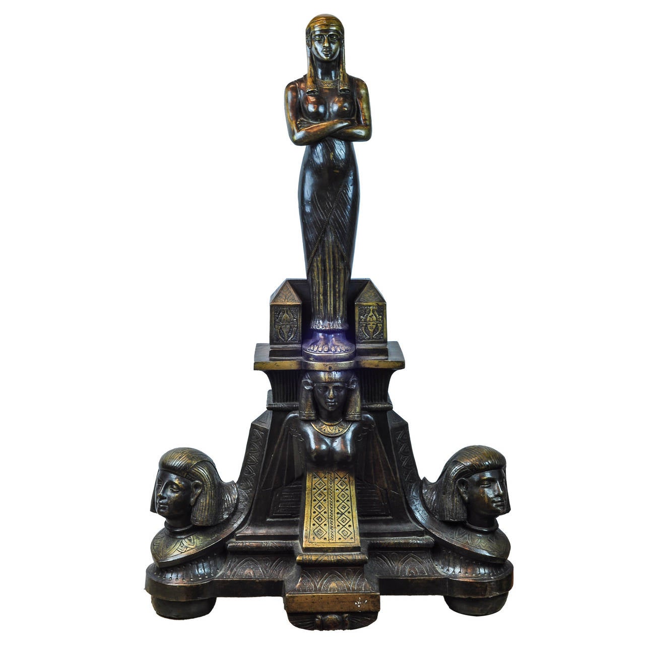 French Pair of Egyptian Revival Patinated and Gilt Bronze Figural Andirons
