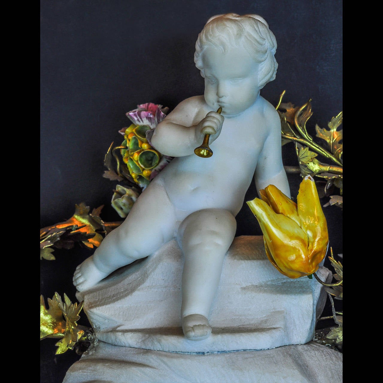 White Marble and Bronze Figural Mantel Clock with Porcelain Flowers