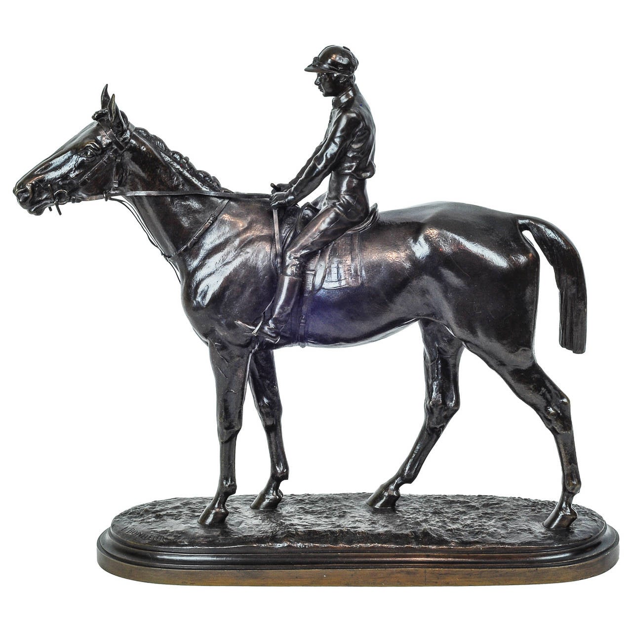 A Patinated Bronze Figure of a Jockey on Horse signed I. BONHEUR ,
stamped PEYROL and inscribed Boudet 43 Bd. Des Capucines.
Cast by Hippolyte Peyrol from a model by Isidore Bonheur .
Retailed by Maison Boudet, Paris Last quarter 19TH century