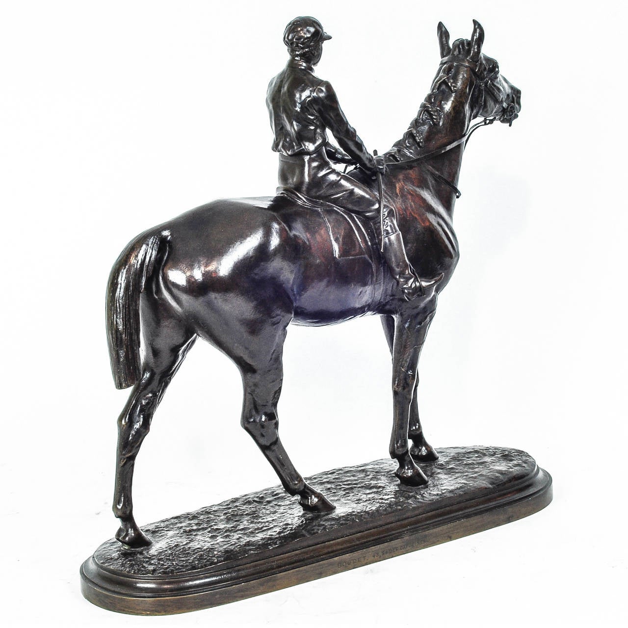 French Patinated Bronze Figure of a Jockey on Horse by I. Bonheur