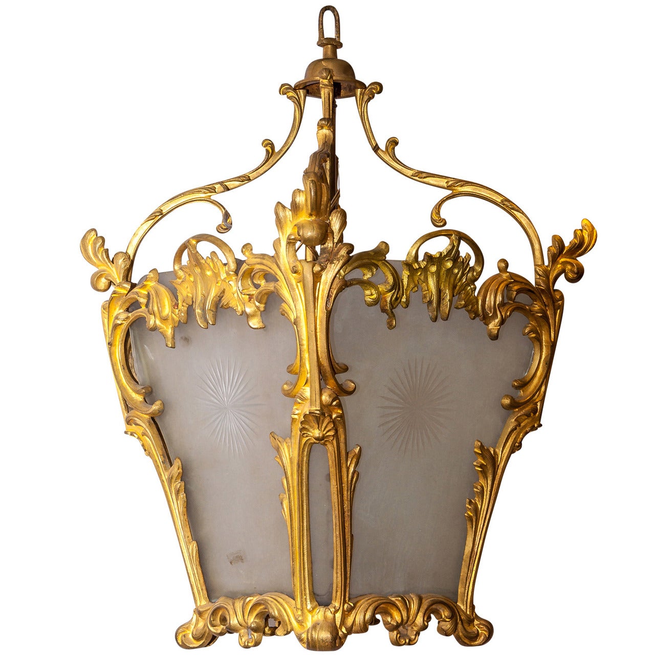 French Gilt Bronze and Mat Etched Glass Lantern For Sale