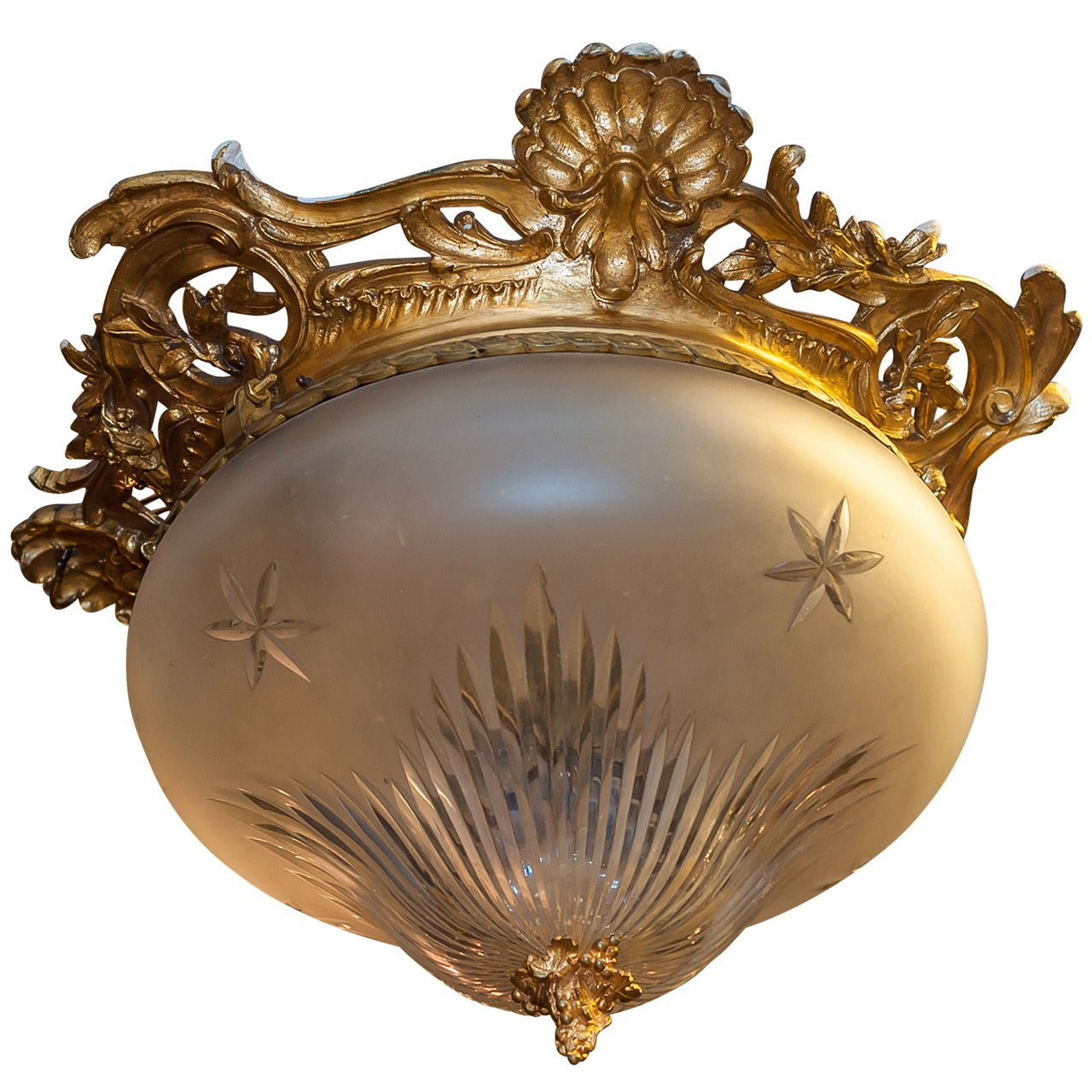 Gilt Bronze Ceiling Light Fixture with Etched Glass Dome