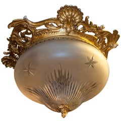 Antique Gilt Bronze Ceiling Light Fixture with Etched Glass Dome