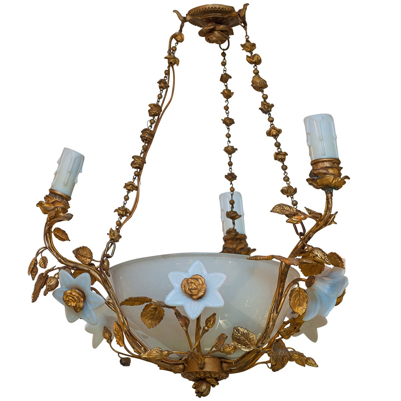 Bronze and Porcelain Three-Light Chandelier with Porcelain Flowers