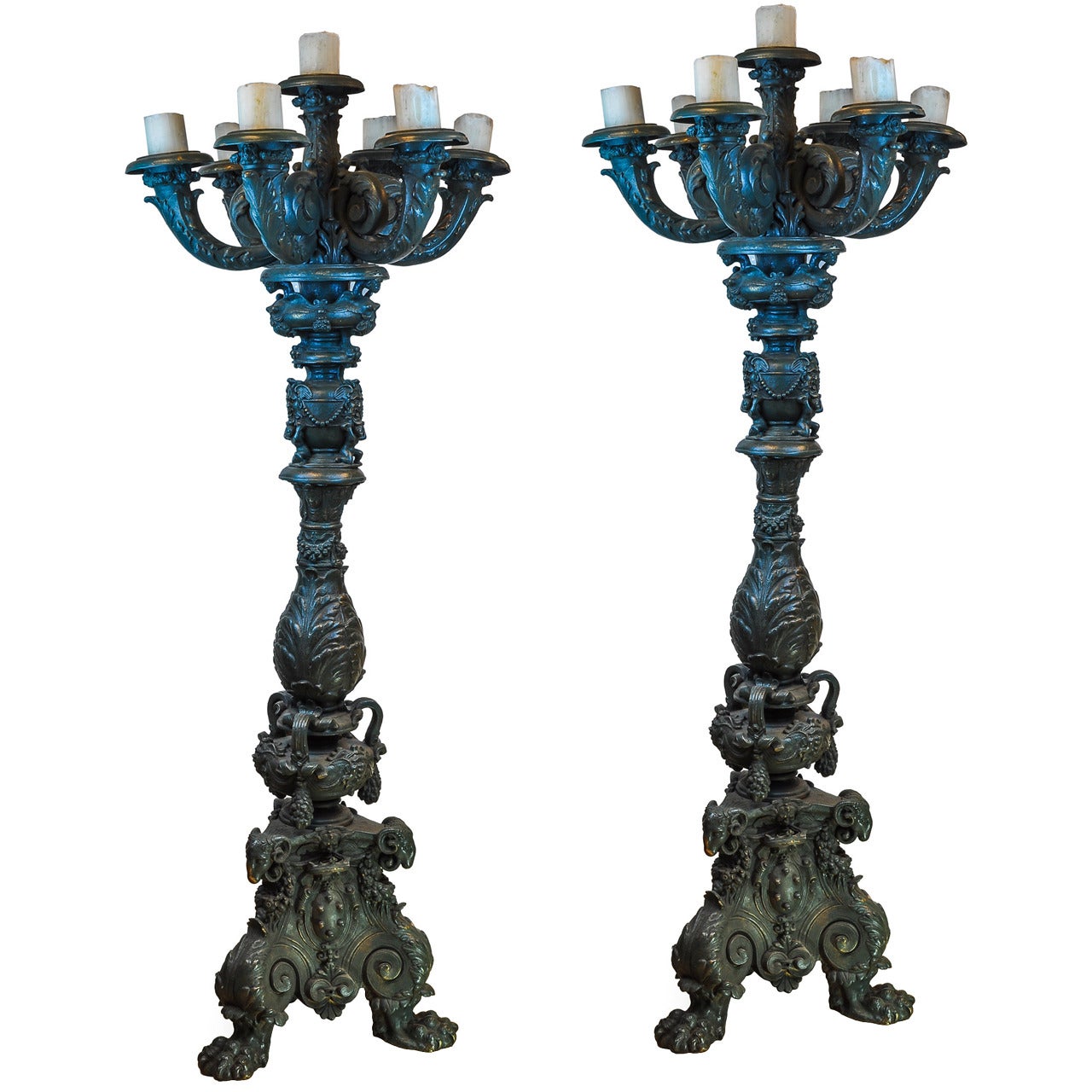 Pair Painted  Bronze Figural Seven Light Floor Torcheres