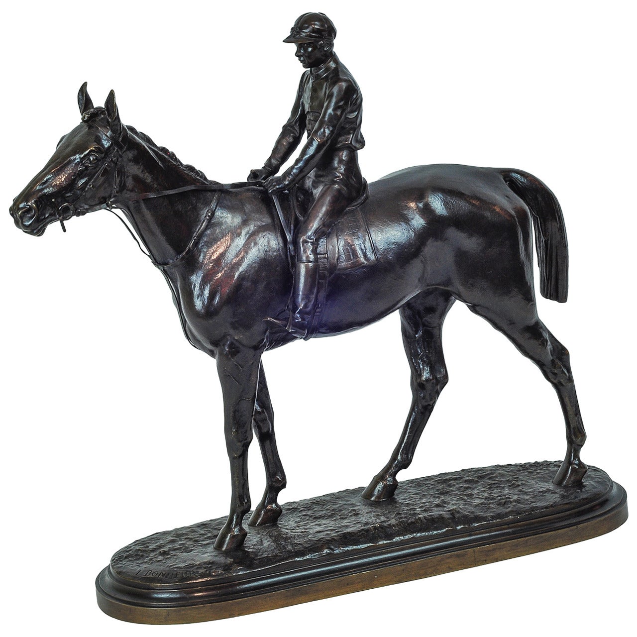 Patinated Bronze Figure of a Jockey on Horse by I. Bonheur