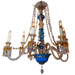 Antique 19th Century Bohemian Eight-Light Blue Opaline and Clear Crystal Chandelier