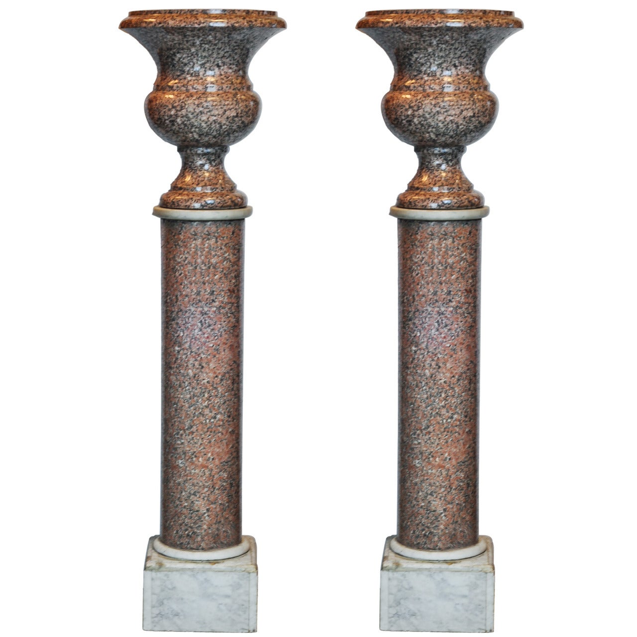 Pair of Neoclassical Campana Form Marble Urns on Pedestals