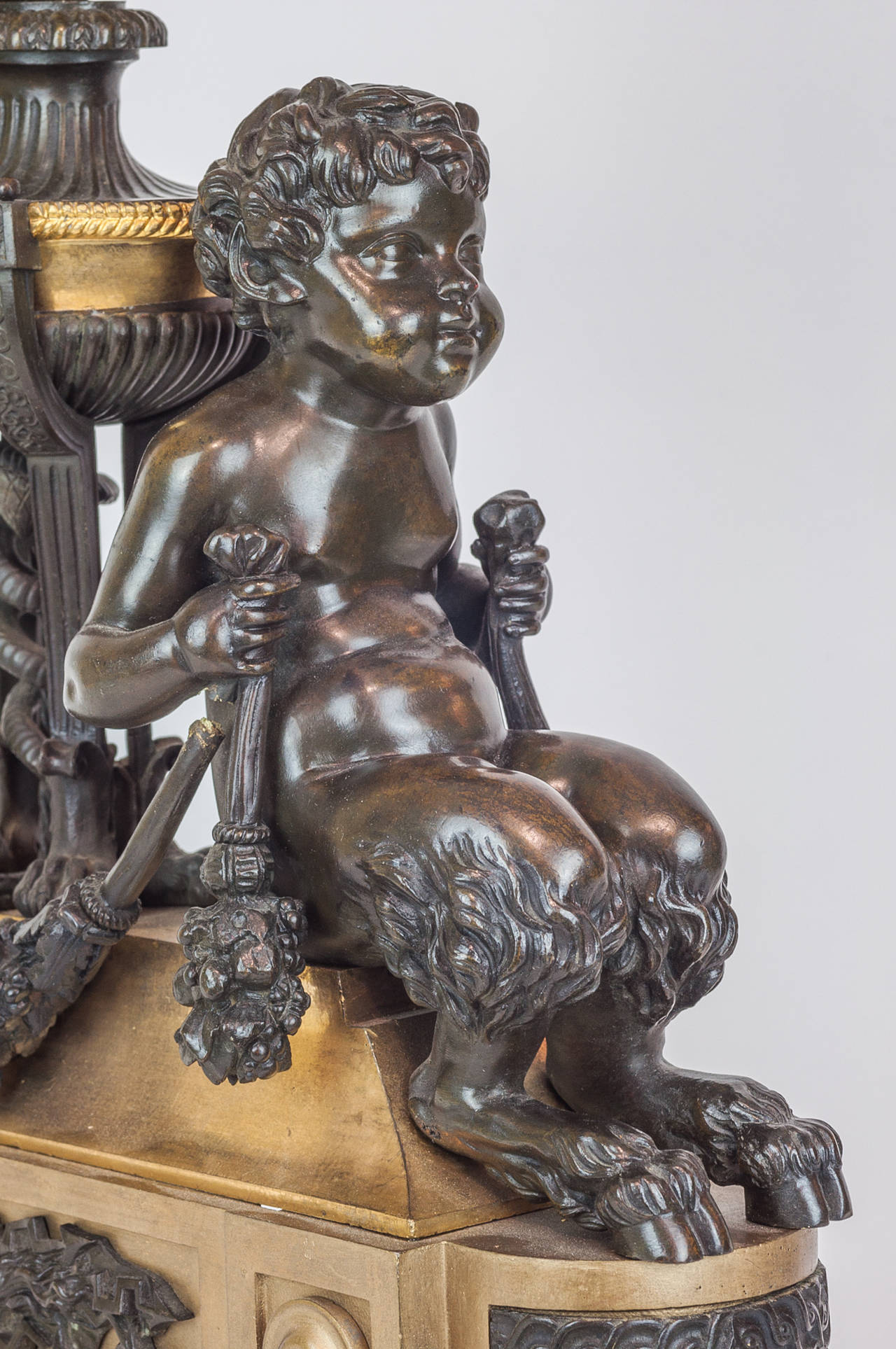 French Pair of Two-Toned Bronze Figural Fireplace Chenets