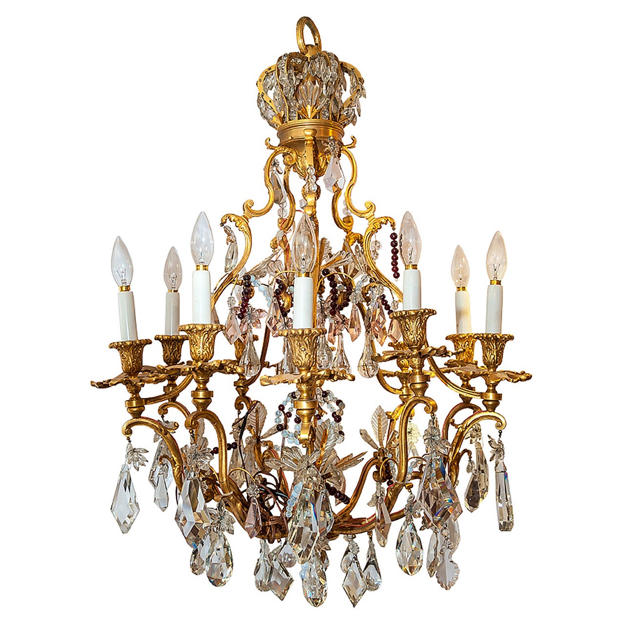 French Multicolored Crystal and Bronze Crown-Top, Ten-Light Chandelier