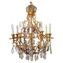 French Multicolored Crystal and Bronze Crown-Top, Ten-Light Chandelier