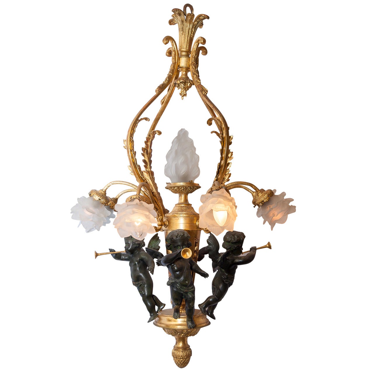 French Patinated and Gilt Bronze Eight-Light Figural Cherub Chandelier