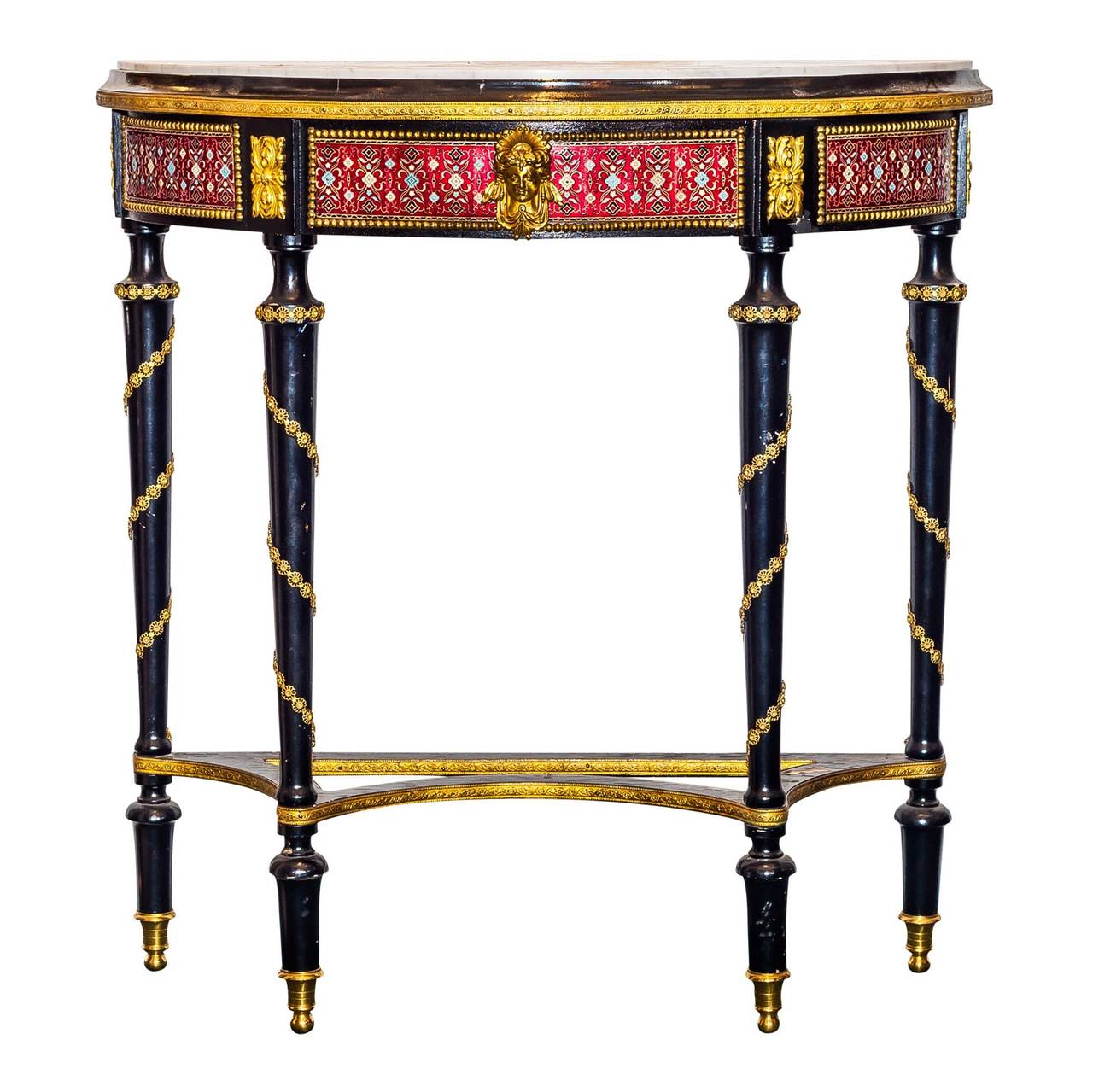 French Magnificent Pair of Enameled Demilune Consoles and Matching Mirrors