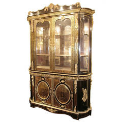 Tall Bronze Mounted Brass Inlaid Louis XIV Style Vitrine Cabinet
