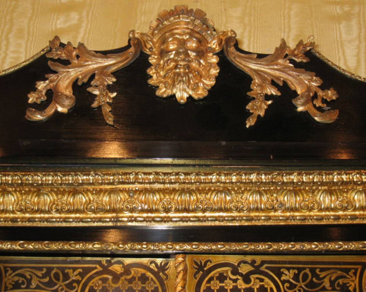 English Tall Bronze Mounted Brass Inlaid Louis XIV Style Vitrine Cabinet