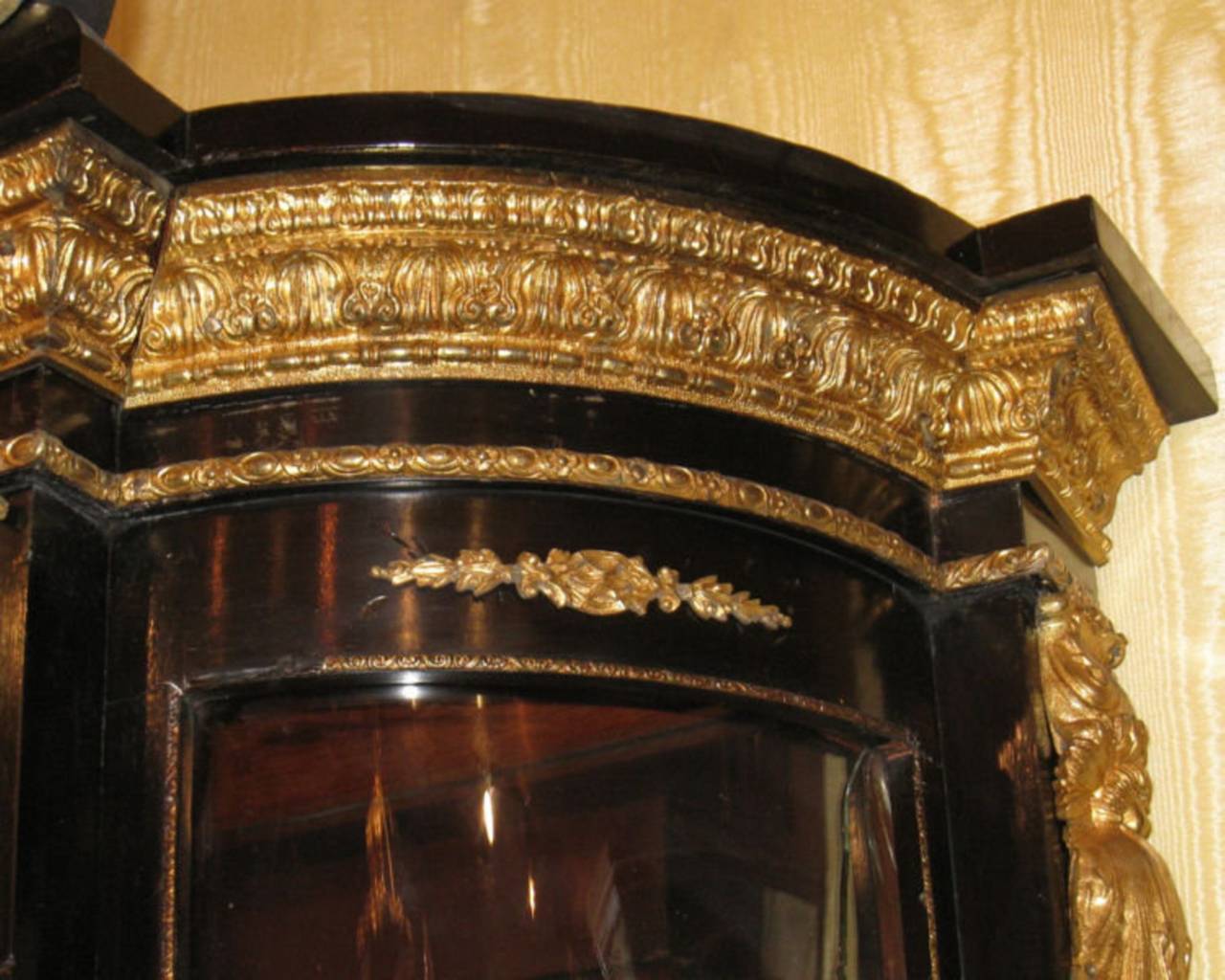 Tall Bronze Mounted Brass Inlaid Louis XIV Style Vitrine Cabinet In Good Condition In New York, NY