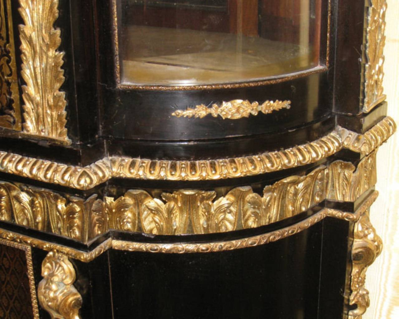 19th Century Tall Bronze Mounted Brass Inlaid Louis XIV Style Vitrine Cabinet