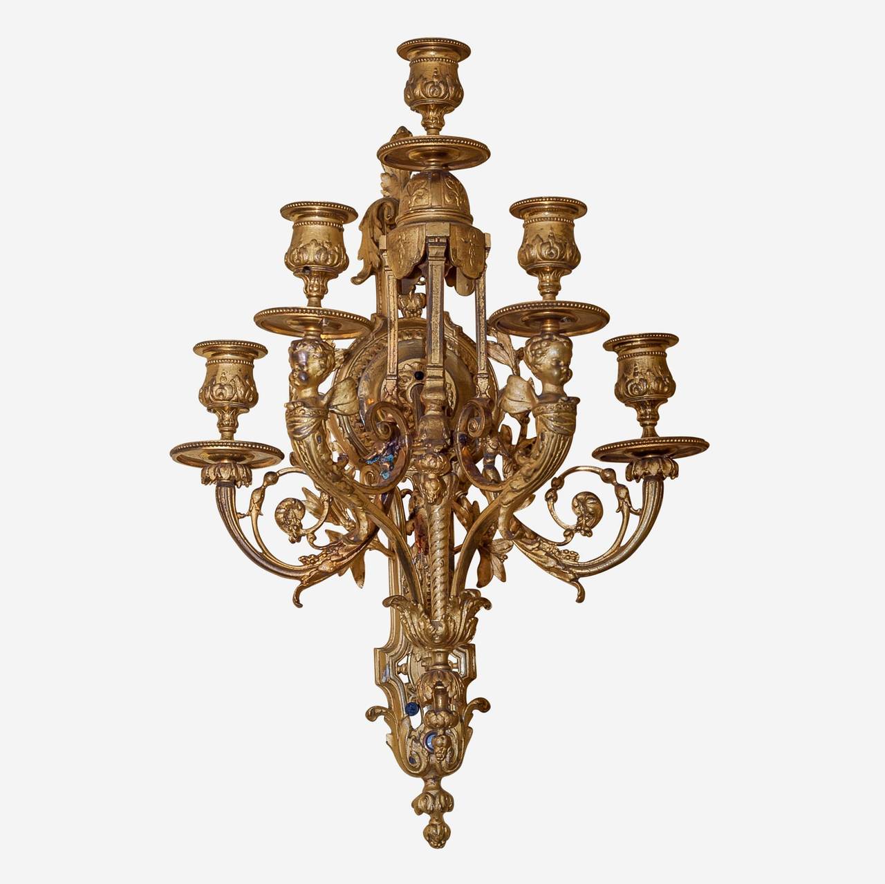 Pair of gilt bronze figural Louis XVI style five-arm wall light sconces.
Stock number: L210.