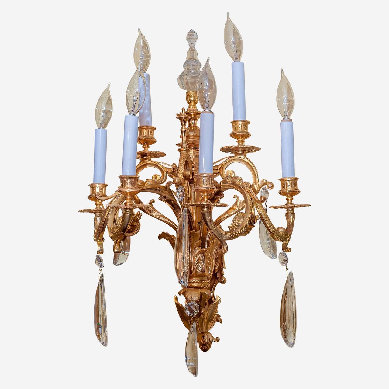Pair of large Louis XVI style gilt bronze six-arm wall light sconces