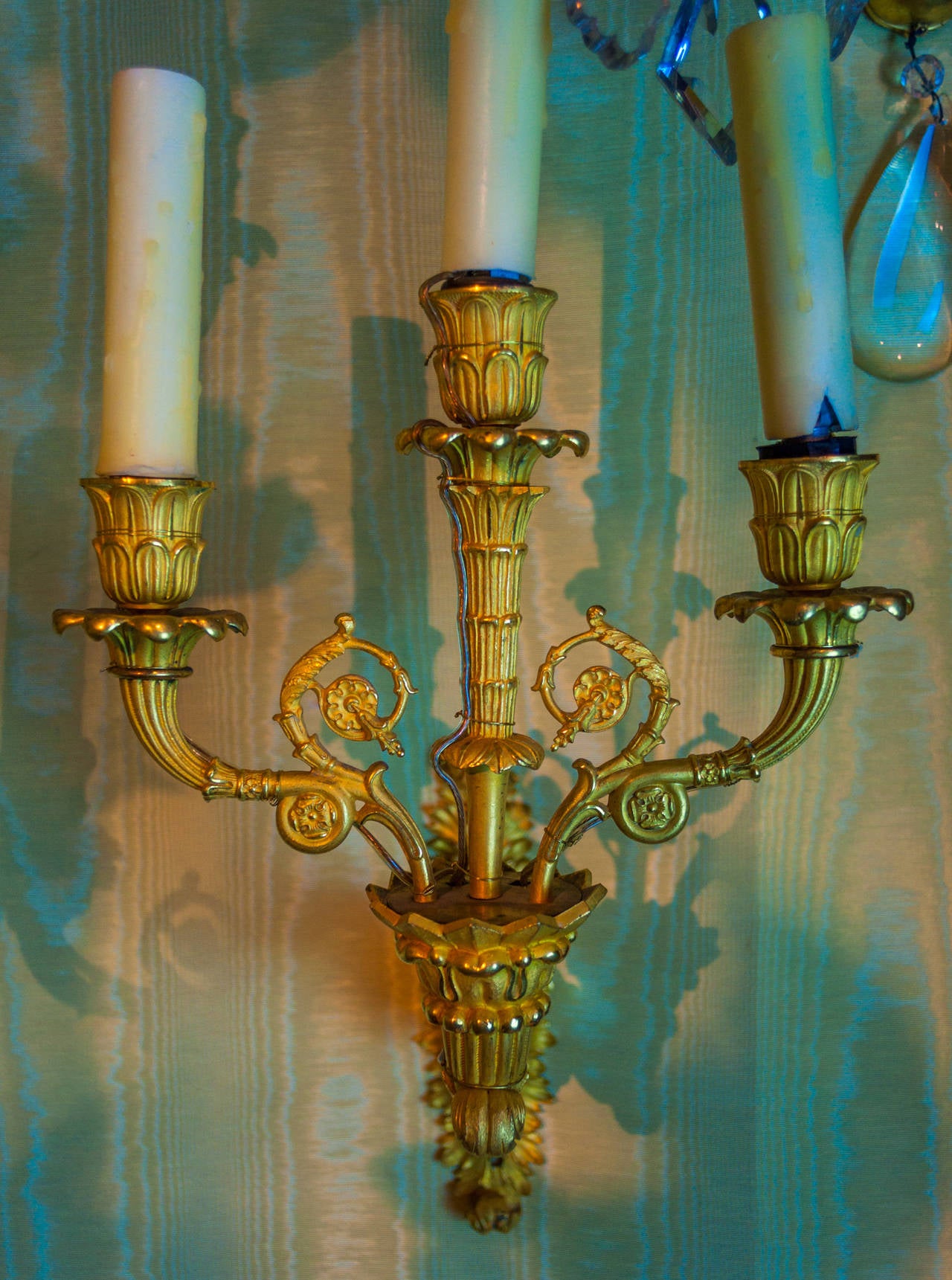 Pair of Empire style gilt bronze three-arm wall light sconces
Stock Number: L213