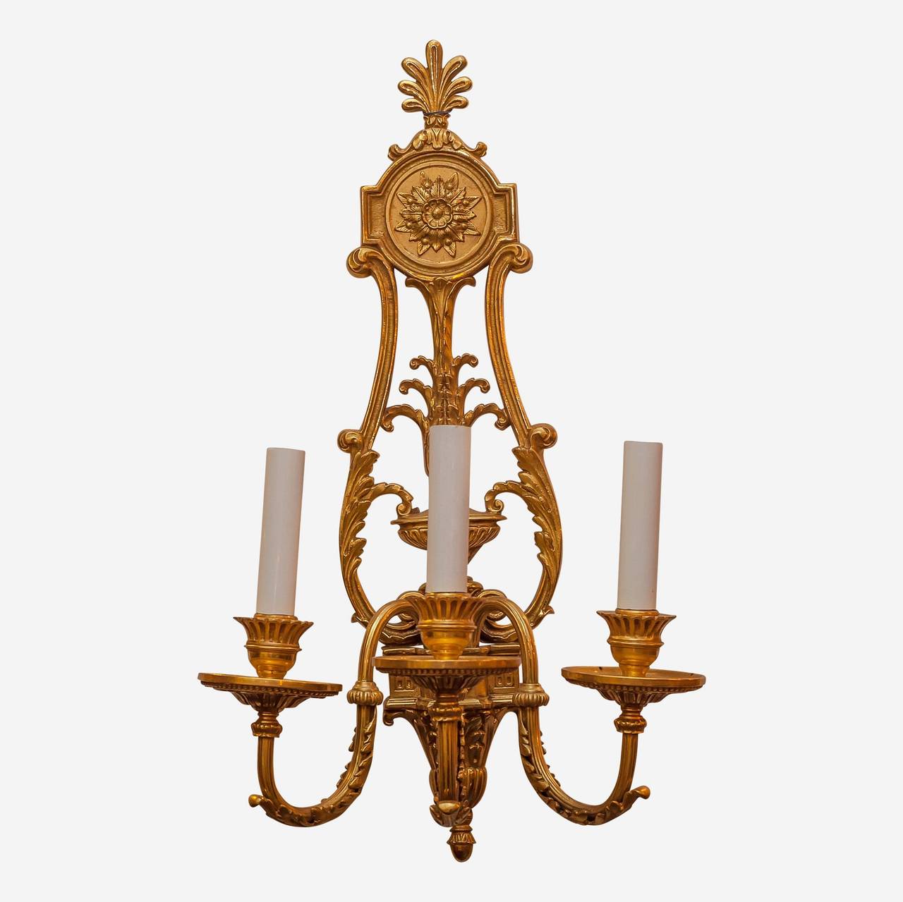 Exquisite Pair of Gilt Bronze Louis XVI Style three-Arm Wall Light sconces
Stock Number: L222