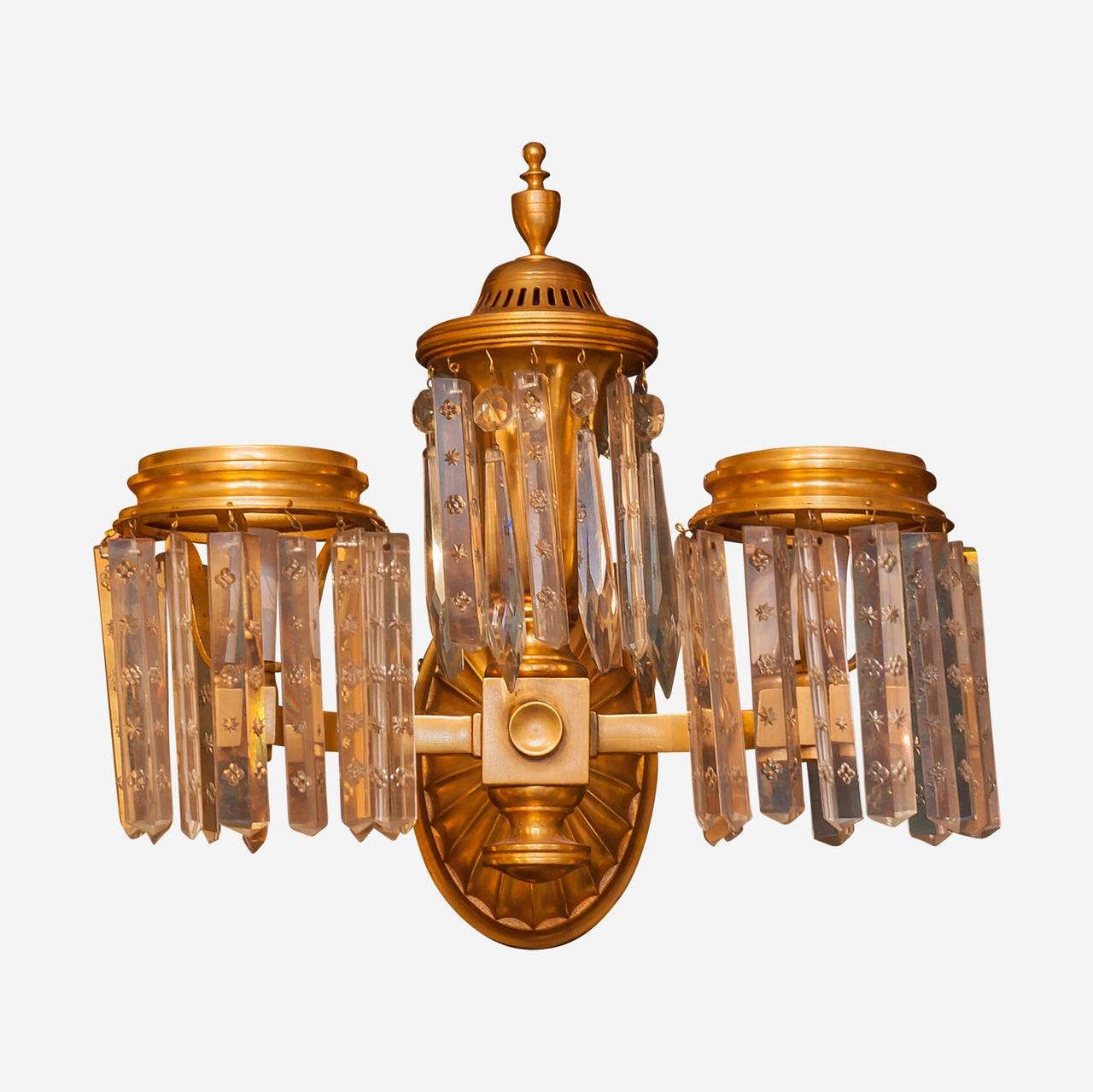 Set of Four Regency Style Gilt Bronze and Crystal Wall Light Sconces with Floral Patterned Glass Pendants
Stock Number: L227