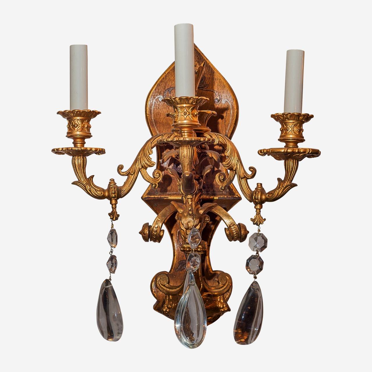 Pair of Gilt Metal Painted Chinoiserie Three-Arm Wall Light Sconces
Stock Number: L234