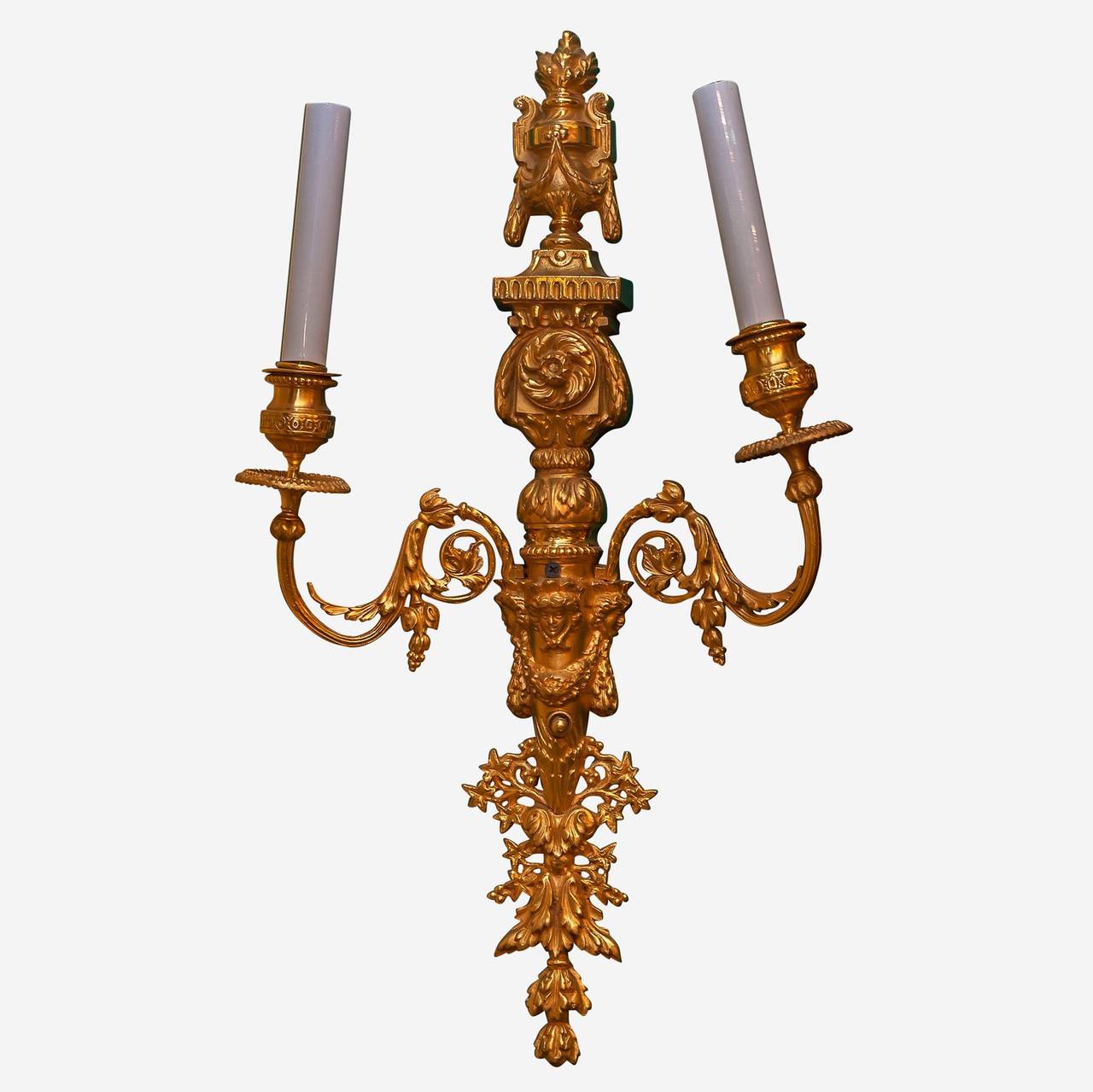 French Exquisite Pair of Gilt Bronze Louis XVI Style Two-Arm Wall Light Sconces