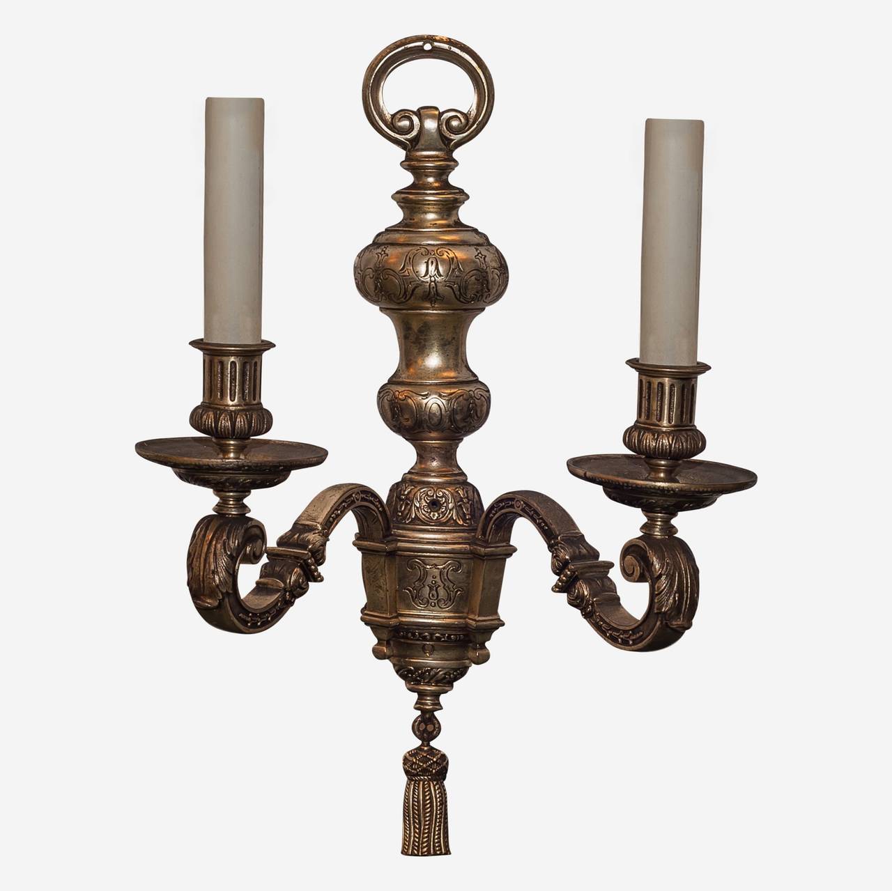 Pair of Silvered Metal two-arm Wall Light Sconces Attributed to Caldwell & Co.