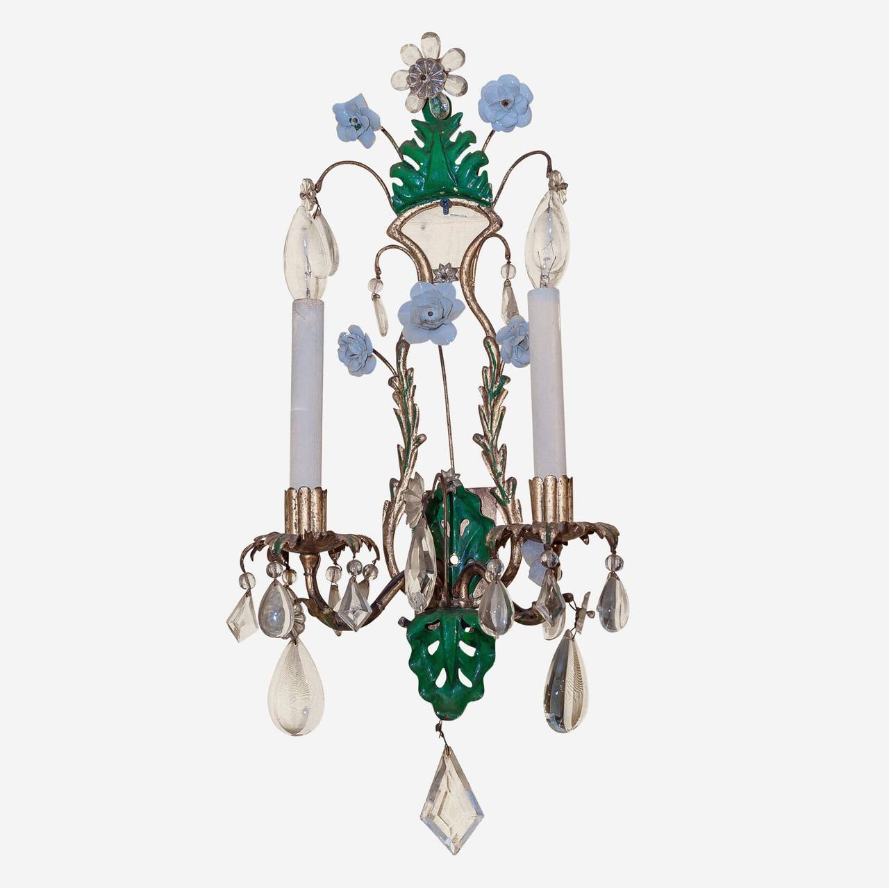 French Set of Four Gilt Metal and Crystal Bagues Style Two-Arm Wall Light Sconces