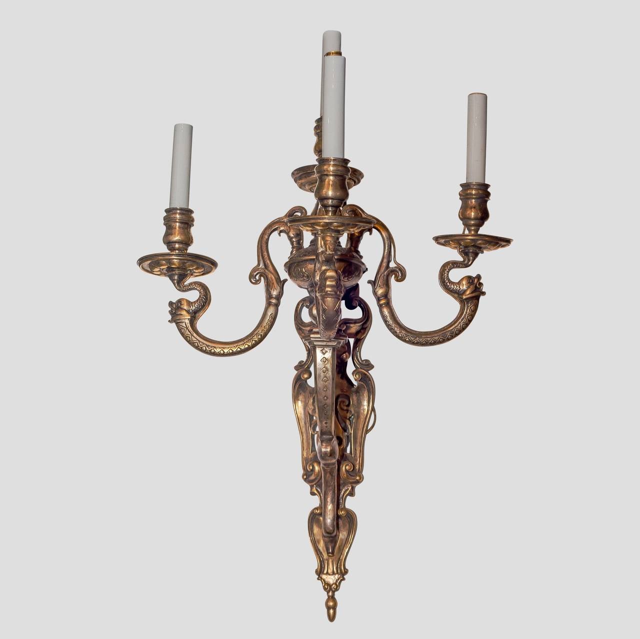 Pair of Antique Silvered Bronze Three-Arm Wall Light Sconces in Moorish Style
Stock Number: L271