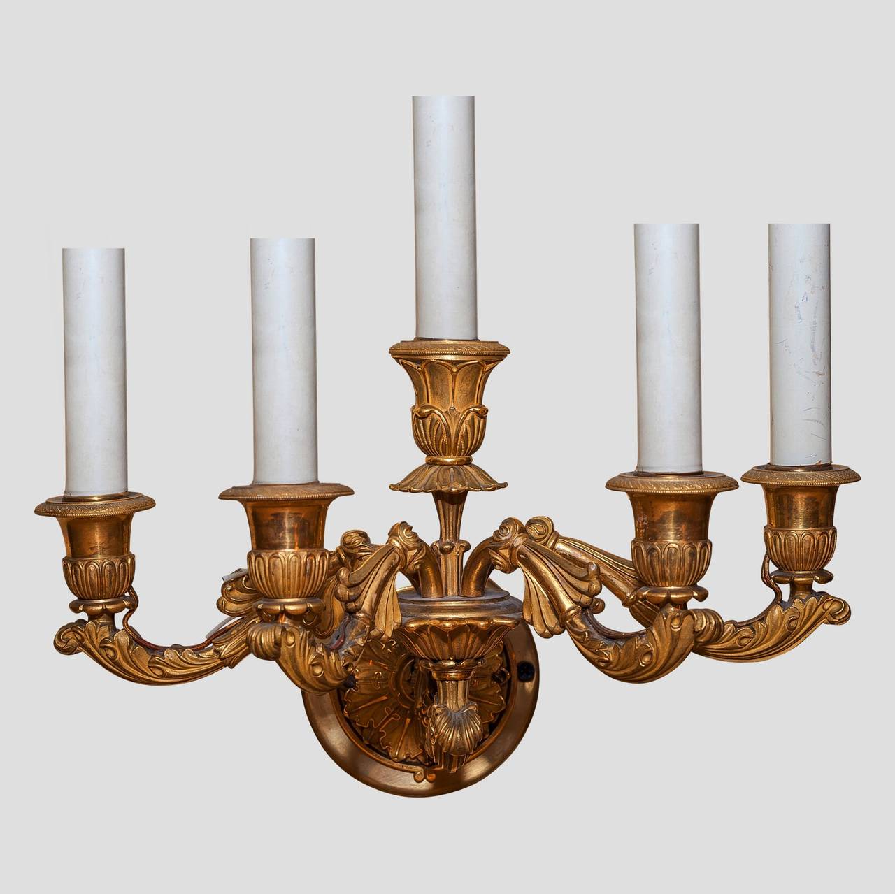 Pair of French Empire Style Five-Arm Gilt Bronze Wall Light Sconces