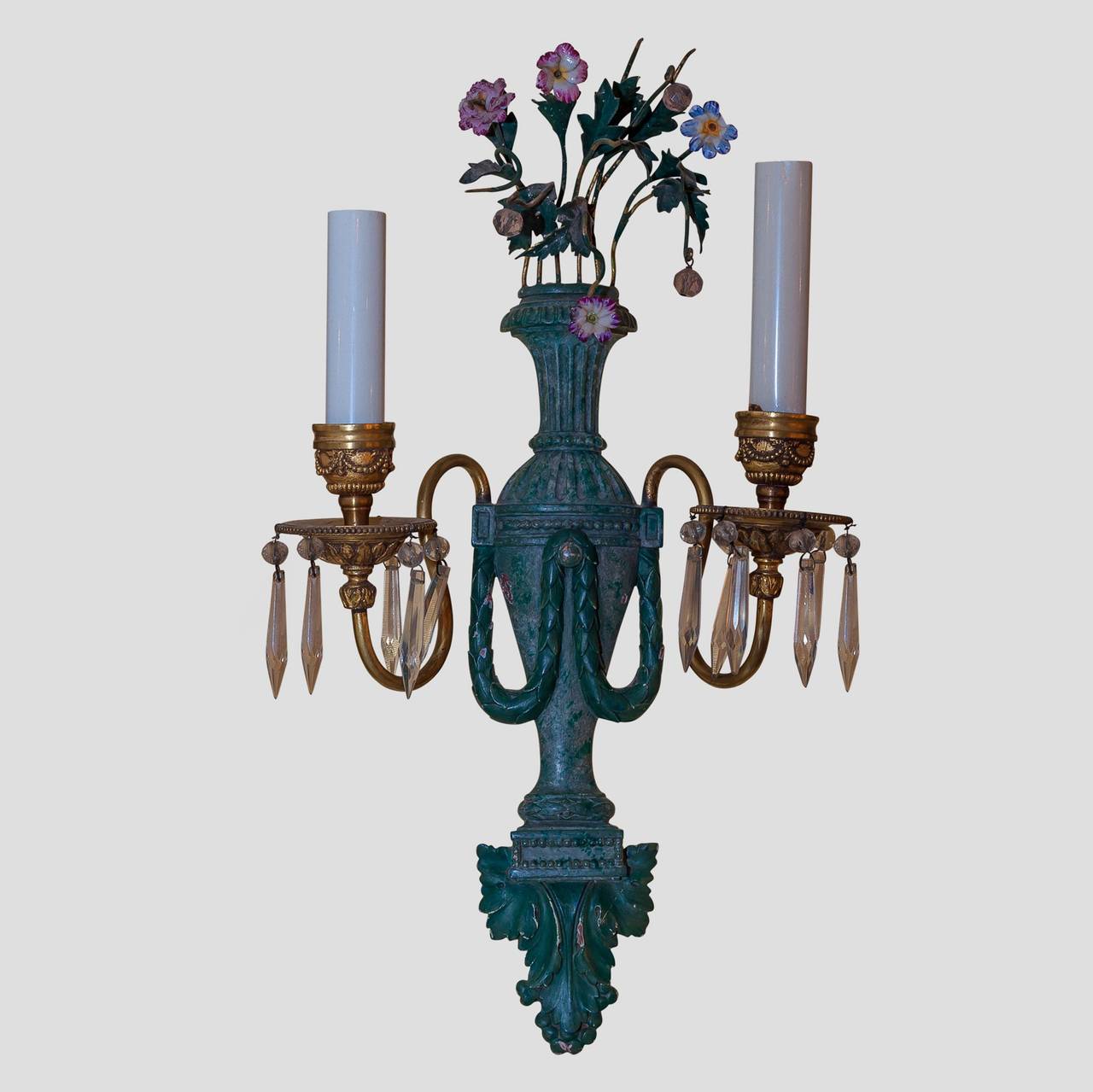 Patinated Pair E.F. Caldwell Neoclassical Sconces with Green Patina, circa 1910s