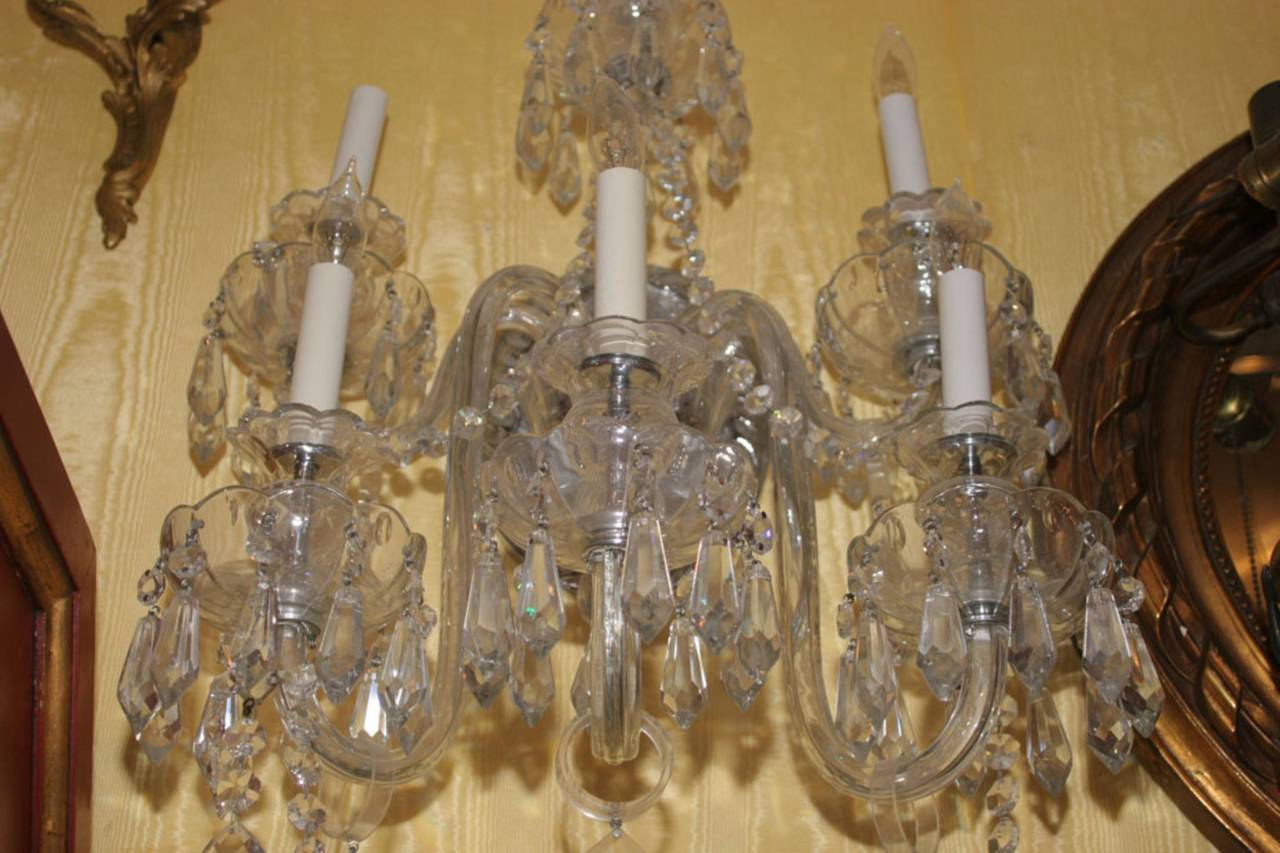 Pair of Cut Glass English Style  two-Tier six-Arm Wall Light Sconces with Hanging Beaded Prisms
Stock Number: L79