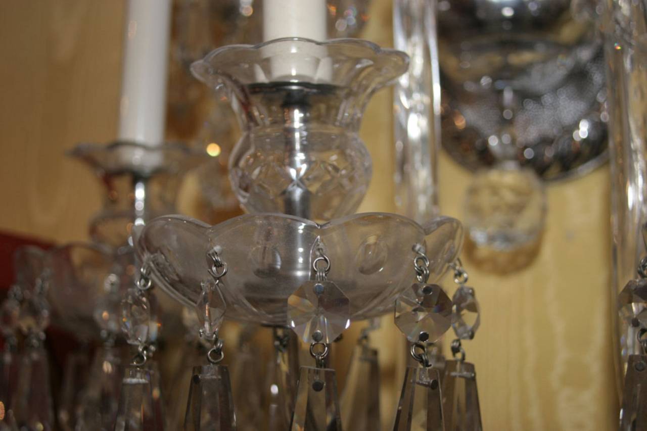 Pair of Cut Glass English Style Two-Tier Six-Arm Wall Light Sconces In Good Condition For Sale In New York, NY