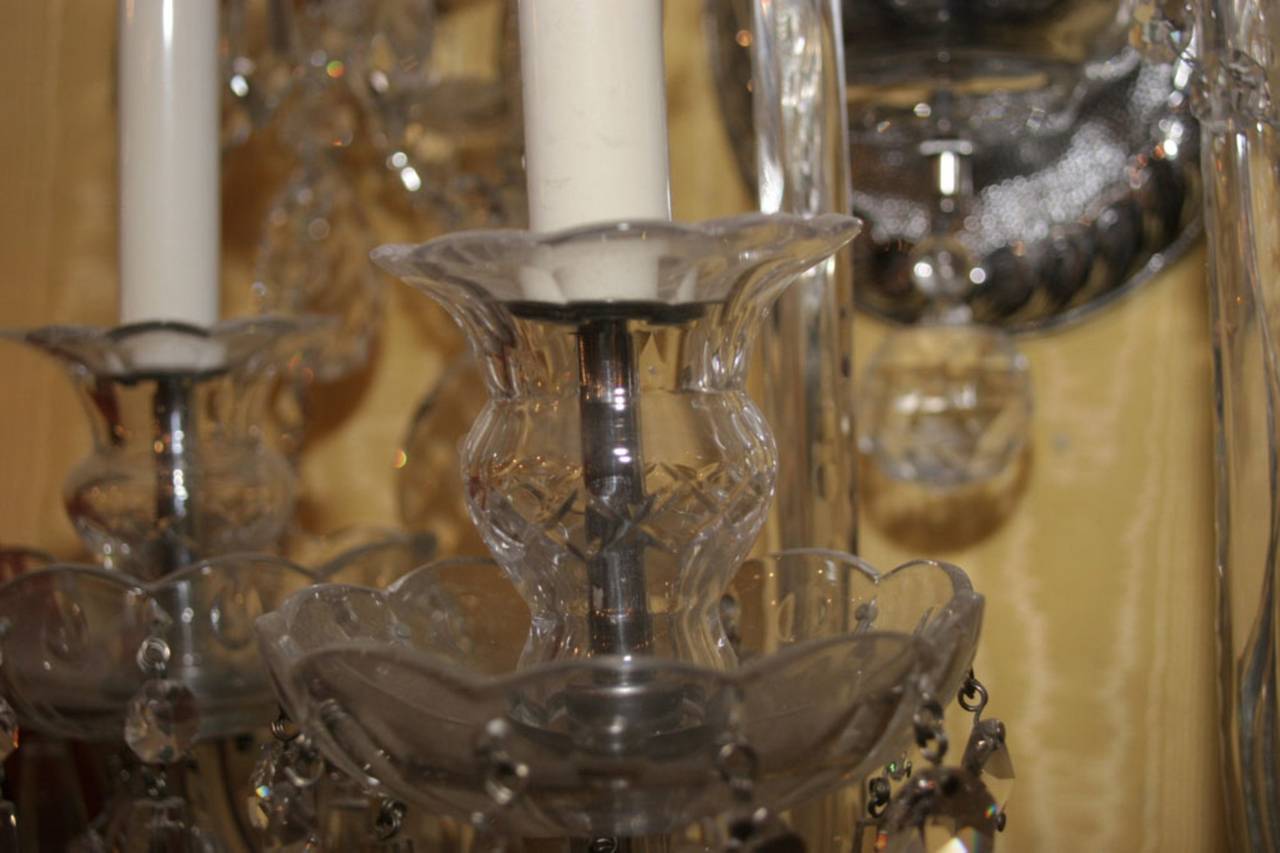 20th Century Pair of Cut Glass English Style Two-Tier Six-Arm Wall Light Sconces For Sale