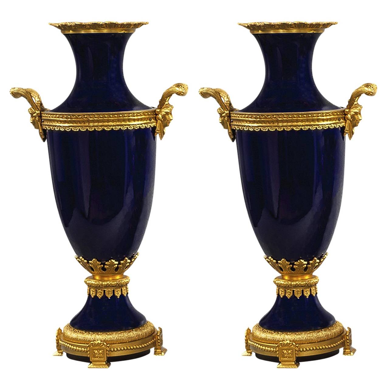 ThreePiece Cobalt Blue Porcelain and Bronze Vase and Centerpiece Set at 1stDibs