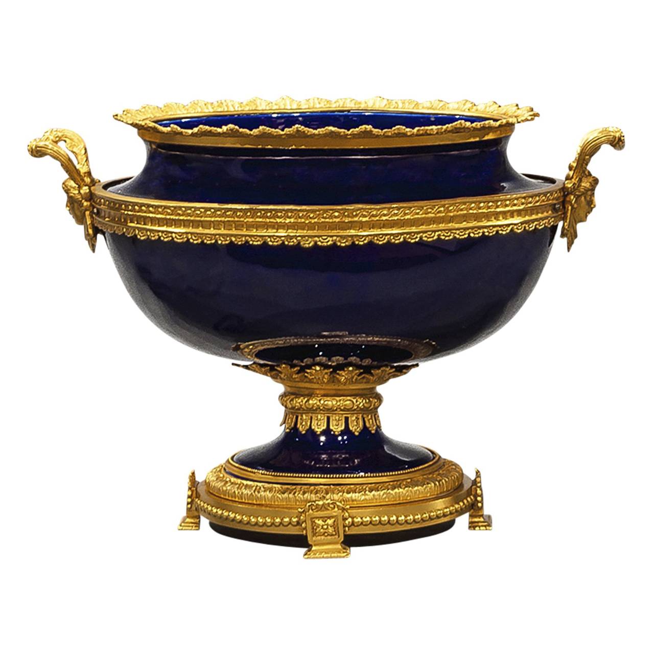 20th Century Three-Piece Cobalt Blue Porcelain and Bronze Vase and Centerpiece Set