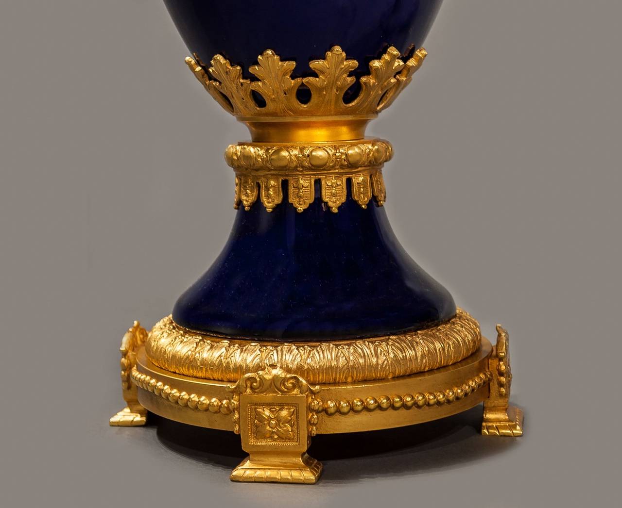 Three-Piece Cobalt Blue Porcelain and Bronze Vase and Centerpiece Set In Good Condition In New York, NY
