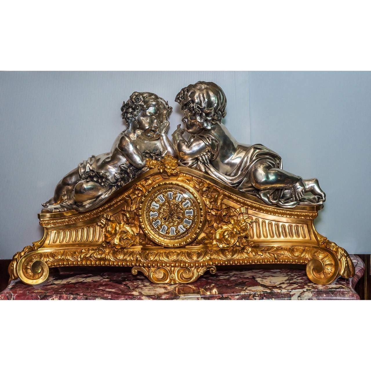 French Magnificent Palace-Size Silvered and Gilt Bronze Figural Mantel Clock