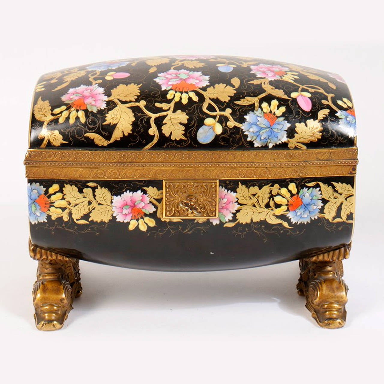 Faux Cloisonné Bronze-Mounted Painted Floral Porcelain Box with Key In Good Condition In New York, NY