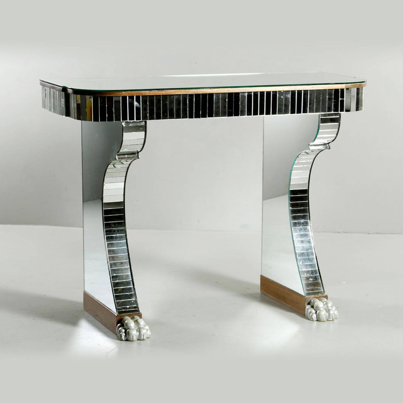Pair of Serge Roche Style Mirrored Console Tables with Claw Style Feet