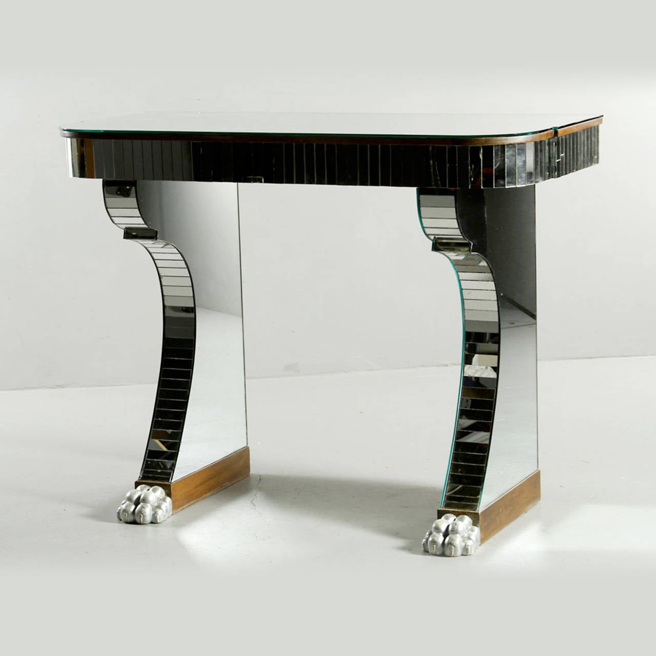 Pair of Serge Roche Style Mirrored Console Tables with Claw Style Feet
