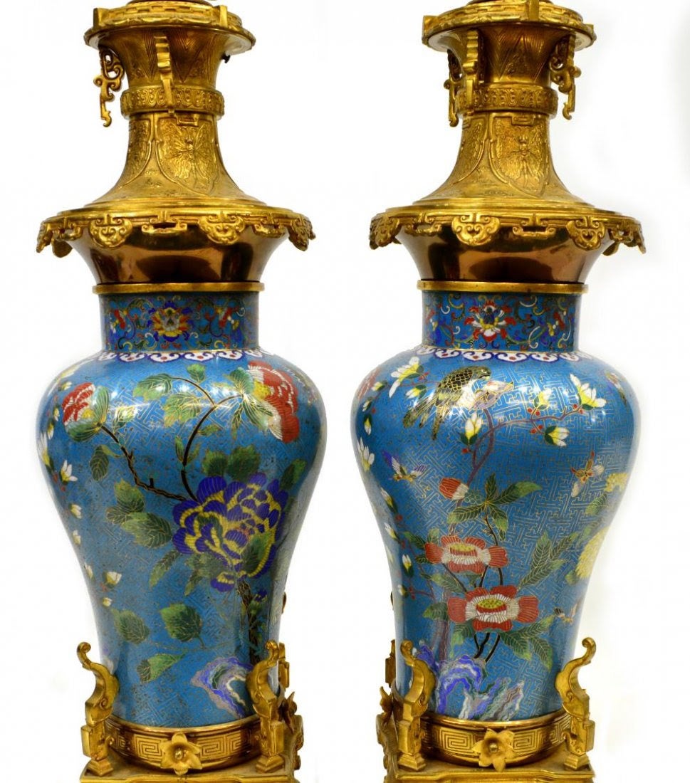 Pair of Chinese Cloisonne Enamel Baluster Form Vases Made into Lamps In Good Condition In New York, NY