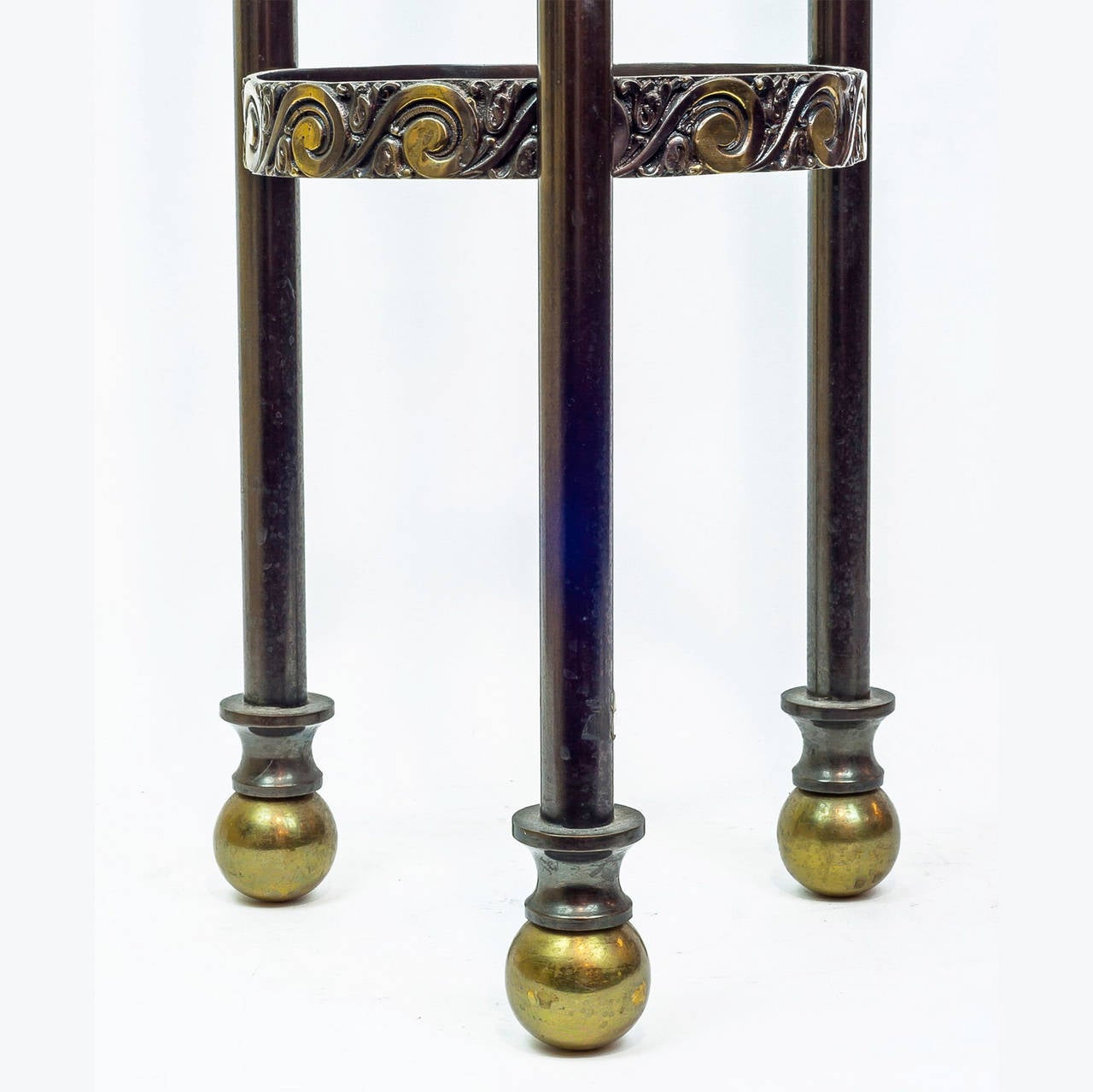 Pair of Bronze Neoclassical Round Marble Top Pedestals with Rams Head
Stock Number: F81