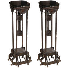 Pair of Art Deco Style Hand-Hammered Wrought Iron Marble-Top Pedestals