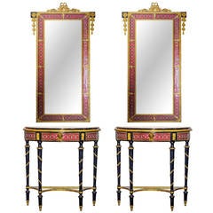 Magnificent Pair of Enameled Demilune Consoles and Matching Mirrors